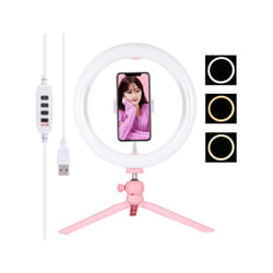 PULUZ 10.2" Ring Light with Desktop Tripod, USB, 3 Modes, Dual Color Temperature, Phone Clamp (Pink)
