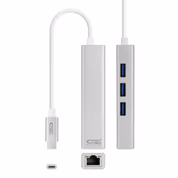 Nanocable USB-C to Ethernet Gigabit + 3x USB 3.0 Converter, 15 cm, Wired, USB Type-C, Ethernet, 1000 Mbit/s, Silver