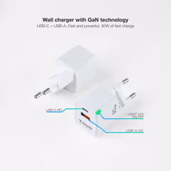 TooQ GaN Wall Charger USB-C/PD + USB-A/QC 30W, White