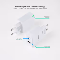 TooQ GaN Wall Charger USB-C/PD + USB-A/QC 45W, White
