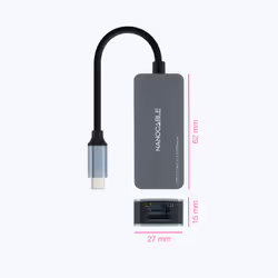 Nanocable USB-C 3.2 GEN1 to Ethernet 2.5G Converter, Aluminium, Grey, 15 cm