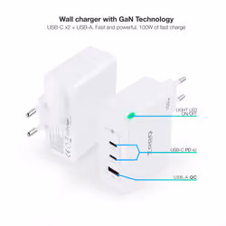 TooQ GaN Wall Charger 2xUSB-C/PD + USB-A/QC 100W, White