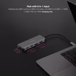Nanocable USB-C 6-in-1 Hub, USB-C 3.2 GEN1 5G Converter to 2 x USB-A + 2 x USB-C + HDMI + USB-C PD 100W, Aluminum, 15 cm, Gray