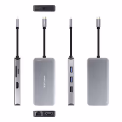 Nanocable USB-C 9-in-1 Hub, USB-C Converter to 3 x USB-A + 2 x HDMI + RJ45 + TF + SD + USB-C PD 100W, Aluminum, 15 cm, Gray