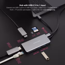 Nanocable USB-C 9-in-1 Hub, USB-C Converter to 3 x USB-A + 2 x HDMI + RJ45 + TF + SD + USB-C PD 100W, Aluminum, 15 cm, Gray
