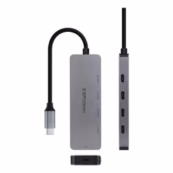 Nanocable Hub USB-C male to 4 x USB-C female + USB-C PD 100W, Aluminium 10 cm, Grey