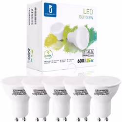 Aigostar GU10 LED Bulbs Cool White, 8W 6400K 600 Lumen, 5 Pcs/Box, 160Â° Beam Angle, Flicker Free [Energy Class A+]