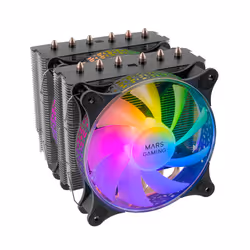 Mars Gaming MCPU-XT Black CPU Heatsink Dual Tower Cooling 6 HCT Heatpipes TDP 300W 2 ARGB PWM 12cm Fans, All-in-one liquid co ...