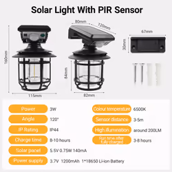 Solar Lantern light with PIR Motion Sensor, Cylinder, Outdoor LED Security Light (IP44)