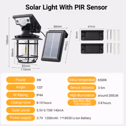 3W Solar Lantern light with PIR Motion Sensor, Cylinder, adjustable solar panel, IP44