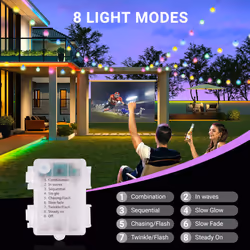 8M RGB String Lights with 50 Bulbs, IP44, 8 Modes