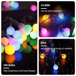 24M RGB String Lights with 160 Bulbs, IP44, 8 Modes