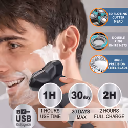 Cordless Rechargeable Professional Shaver, 3 Cutter Heads, Black
