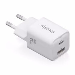 AISENS Charger Gan 35W, 1xUSB-C PD3.0 QC4.0, 1xUSB-A QC3.0, White, Indoor, AC, White