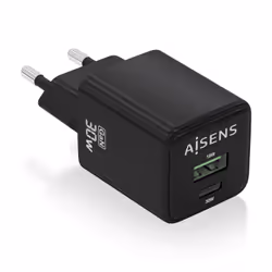 AISENS Gan 30W Charger, 1xUSB-C PD3.0 QC4.0, 1xUSB-A QC3.0, Black, Indoor, AC, Black