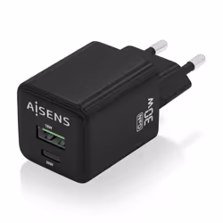 AISENS Gan 30W Charger, 1xUSB-C PD3.0 QC4.0, 1xUSB-A QC3.0, Black