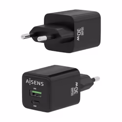 AISENS Gan 30W Charger, 1xUSB-C PD3.0 QC4.0, 1xUSB-A QC3.0, Black