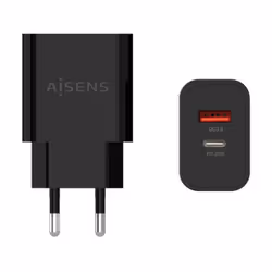 AISENS 20W Charger, 1xUSB-C PD3.0, 1xUSB-A QC3.0, Black, Indoor, AC, Black
