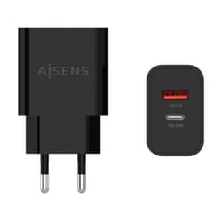 AISENS 20W Charger, 1xUSB-C PD3.0, 1xUSB-A QC3.0, Black