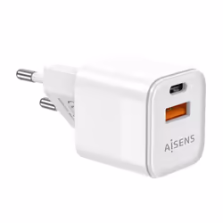 AISENS Gan 20W Charger, 1xUSB-C PD3.0 QC4.0, 1xUSB-A QC3.0, White