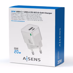 AISENS Gan 20W Charger, 1xUSB-C PD3.0 QC4.0, 1xUSB-A QC3.0, White - Additional view 4