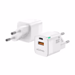 AISENS Gan 30W Charger, 1xUSB-C PD3.0 QC4.0, 1xUSB-A QC3.0, White, Indoor, AC, White