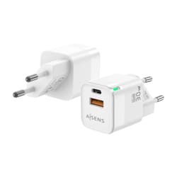 AISENS Gan 30W Charger, 1xUSB-C PD3.0 QC4.0, 1xUSB-A QC3.0, White