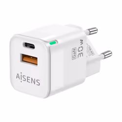 AISENS Gan 30W Charger, 1xUSB-C PD3.0 QC4.0, 1xUSB-A QC3.0, White