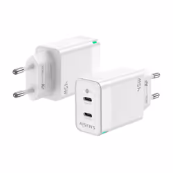 AISENS Gan 45W Charger, 2xUSB-C PD3.0 QC4.0, White, Indoor, AC, White