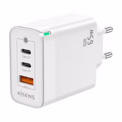 AISENS Gan 65W Charger, 2xUSB-C PD3.0 QC4.0, 1xUSB-A QC3.0, White