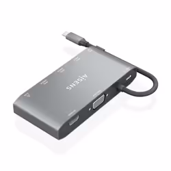 AISENS USB-C Dock 8 in 1, USB-C A 1xHDMI, 1xVGA, 1xRJ45, 2xUSB-A, 2xUSB-C 5G, 1xUSB-C PD, Grey, 20cm