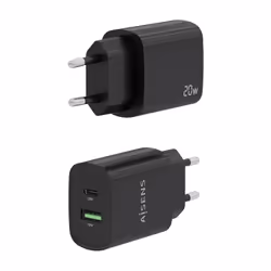 AISENS Cargador 20W, 1xUSB-C PD3.0, 1xUSB-A QC3.0, Negro