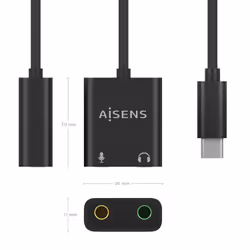 AISENS USB-C to Audio Converter 48Khz, USB-C/M-2xJack 3.5/H, Black, 10cm