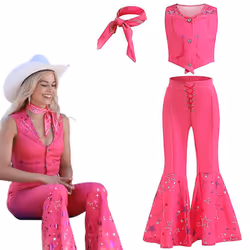 Girls Barbie Costume Pink Vest Long Flared Pants Trousers With Scarf Movie Cosplay Outfits For Kids Halloween Carnival Fancy  ...