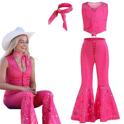 Girls Barbie Costume Pink Vest Long Flared Pants Trousers With Scarf Movie Cosplay Outfits For Kids Halloween Carnival Fancy Dress Up - 6-7 Years