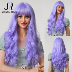 Cosplay Wig Long Wavy Purple Synthetic Hair Wigs with Bangs for Women
