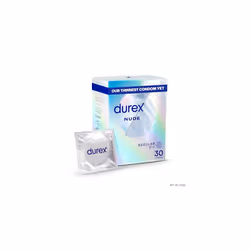 Durex Nude Condoms, Regular Fit, 30s, Extra Thin, Easy On Shape, Secure, Higher Protection, with Silicone Lube