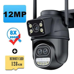 New EU 12MP 6K WiFi Camera Outdoor Three Lens Dual Screens 8X Zoom CCTV Mini Video Cam Auto Tracking Security Protection Surveillan - 12MP 6K Add 128G