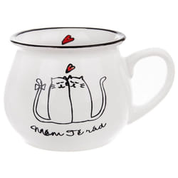 Cup with cat motif in ceramic, 300 ml, white color