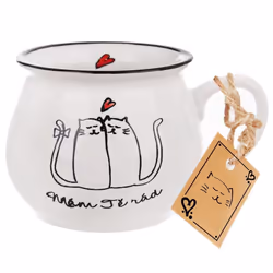Cup with cat motif in ceramic, 300 ml, white color