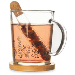 Glass Mug Set: Handle, Tea Strainer & Bamboo Wood Coaster