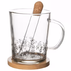 Glass Mug Set: Handle, Tea Strainer & Bamboo Wood Coaster