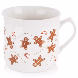 White ceramic mug with gingerbread motif, dishwasher & microwave safe