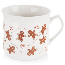 White ceramic mug with gingerbread motif, dishwasher & microwave safe