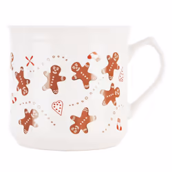 White ceramic mug with gingerbread motif, dishwasher & microwave safe