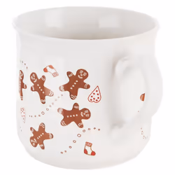 White ceramic mug with gingerbread motif, dishwasher & microwave safe