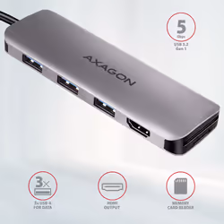 Axagon HMC-HCR3A 3x USB-A+ HDMI+ SD/microSD USB-C 3.2 Gen 1 hub 20cm Wired USB 3.2 Gen 1 (3.1 Gen 1) Type-A Grey - Additional view 2