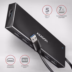 Axagon HUE-F7A 7x USB 3.2 Gen 1 ALU FLAT hub micro power IN 1m USB-A USB 3.2 Gen 1 (3.1 Gen 1) Type-A 5000 Mbit/s Black