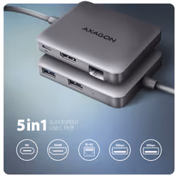 Axagon N HMC-5HL USB 5Gbps hub 2x USB-A HDMI 4k/60Hz RJ-45 GLAN PD 100W kabel USB-C Wired USB 3.2 Gen 1 (3.1 Gen 1) Type-C Silver - Additional view 2