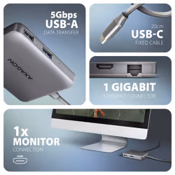Axagon N HMC-5HL USB 5Gbps hub 2x USB-A HDMI 4k/60Hz RJ-45 GLAN PD 100W kabel USB-C Wired USB 3.2 Gen 1 (3.1 Gen 1) Type-C Silver - Additional view 3